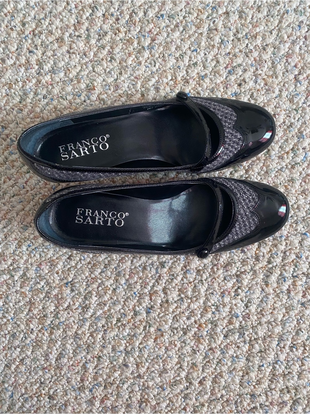 Franco Sarto Black Patent & Gray Tweed Mary Jane Pump Heels